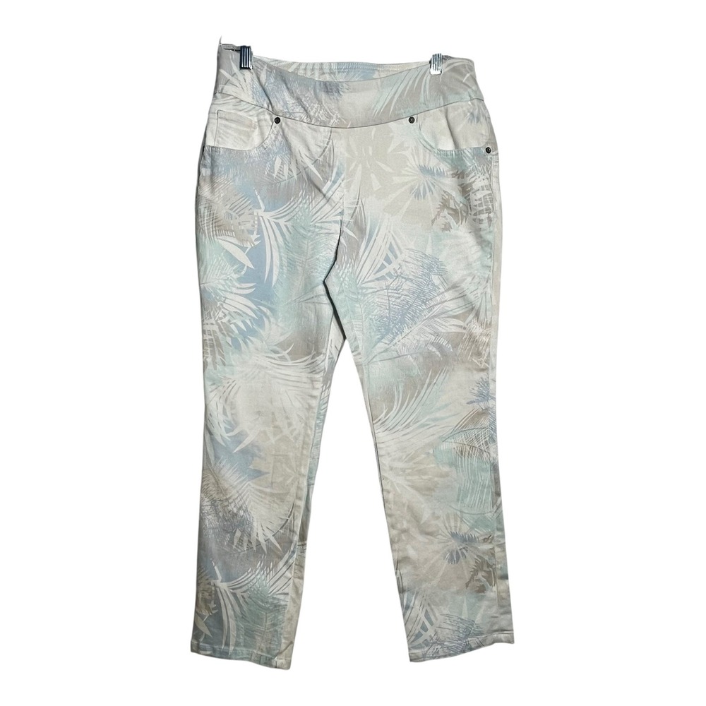 Westbound Petites Womens PL 12P Palm Leaf Print Pull On Stretch Pants Blue Cream